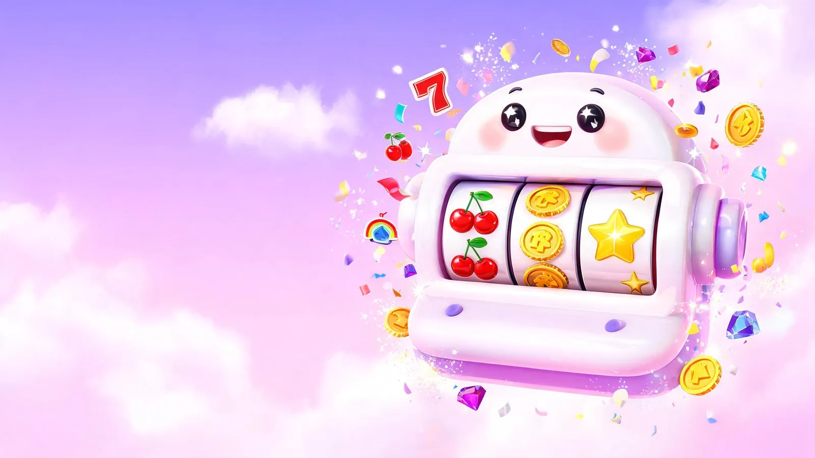 Maskot mesin slot online yang ceria dengan ceri, koin, dan bintang - SlotOnline Studio